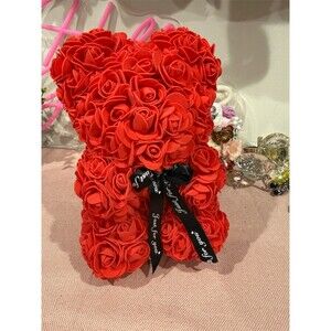 Red Rose Teddy Bear Figurine w/ Black Just for You Ribbon 10in Table Decor